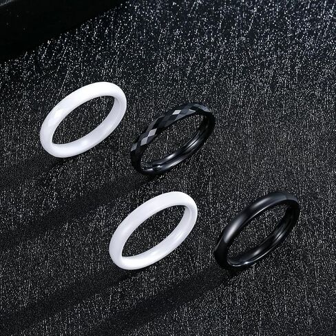 4 Pack Black and White 3mm Thin Ceramic Plain Wedding Bands for Women, Minimalist Stackable Rings, High Polished Hypoallergenic Non-Metal Jewelry Gift for Her, Size 5-12 in Saudi Arabia