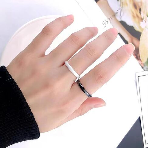 4 Pack Black and White 3mm Thin Ceramic Plain Wedding Bands for Women, Minimalist Stackable Rings, High Polished Hypoallergenic Non-Metal Jewelry Gift for Her, Size 5-12 in Saudi Arabia