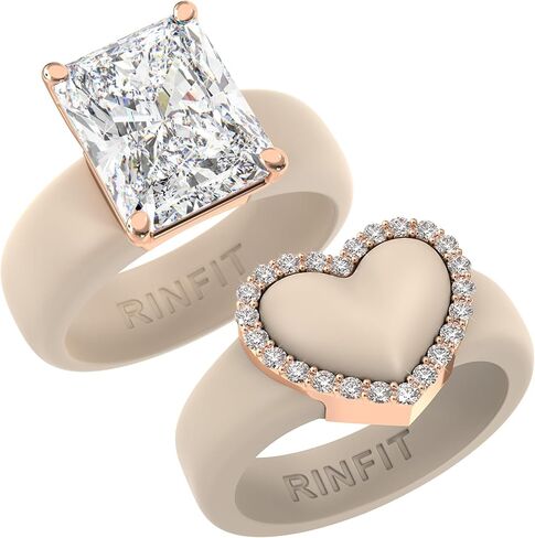 Rinfit Silicone Rings for Her - Rubber Wedding Bands Bundle - Emerald Cut CZ Stone & Heart Gemstones Nude/RoseGold, Size 5 in Kuwait