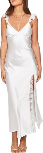 Summer Satin Lace Backless Spaghetti Strap Maxi Dress for Wedding Guest Silk Sleeveless V Neck Slit Ruffled Dress for Women in Kuwait