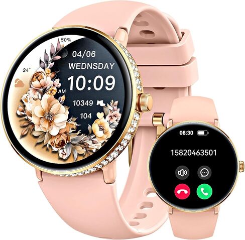 Smart Watches for Women with Diamonds (Make/Answer Call) 1.19" AMOLED Screen Fitness Tracker Heart Rate Sleep Monitor 100+ Sport Modes Waterproof Smartwatch with Various Dials for iPhone Android Phone in Kuwait