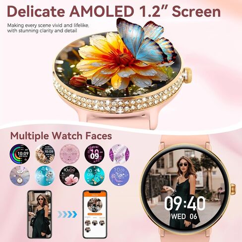 Smart Watches for Women with Diamonds (Make/Answer Call) 1.19" AMOLED Screen Fitness Tracker Heart Rate Sleep Monitor 100+ Sport Modes Waterproof Smartwatch with Various Dials for iPhone Android Phone in Kuwait