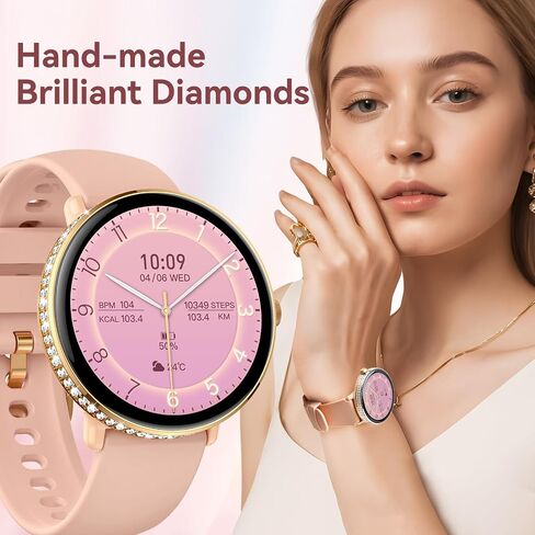 Smart Watches for Women with Diamonds (Make/Answer Call) 1.19" AMOLED Screen Fitness Tracker Heart Rate Sleep Monitor 100+ Sport Modes Waterproof Smartwatch with Various Dials for iPhone Android Phone in Kuwait