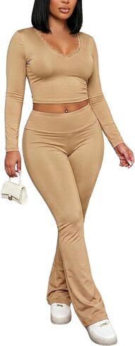 Women 2 Piece Lounge Set Contrast Lace V Neck Long Sleeve Crop Top Fold Over Flare Yoga Pants Tracksuit Casual Outfits in Saudi Arabia