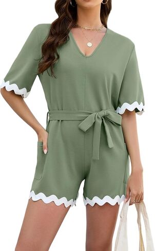 GAMISS One Piece Jumpsuits for Women Dressy Casual Short Sleeve Rompers V Neck Belt Summer Outfits with Pocket in Saudi Arabia