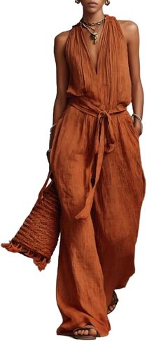 REASERAL Womens Linen Sexy Jumpsuit Sleeveless V Neck Loose Fit Top Wide Leg Pants Summer Casual Jumpsuit in Saudi Arabia