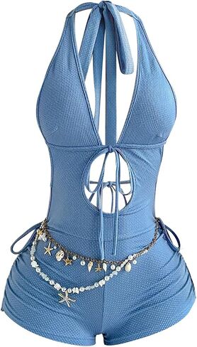 WDIRARA Women's Tie Backless Cut Out Halter Rompers Strappy Deep V Neck Shorts Jumpsuits in Kuwait