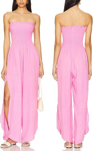 ALENDA DANMOS Women Strapless Jumpsuit Smocked Tube Wide Leg Pants with Slit Romper One-Piece summer Outfit with Pockets 88 in Saudi Arabia