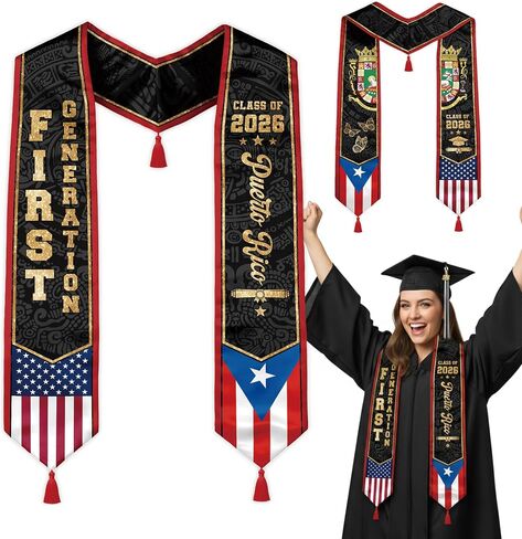 First Generation Reversible Graduation Stole Class of 2026, Flag Sash with Red Tassel 72" for School Graduates in Saudi Arabia