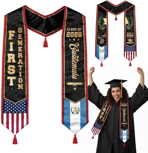 First Generation Reversible Graduation Stole Class of 2026, Flag Sash with Red Tassel 72" for School Graduates in Kuwait