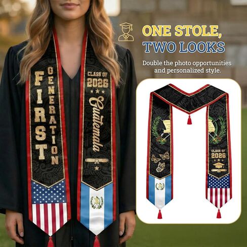 First Generation Reversible Graduation Stole Class of 2026, Flag Sash with Red Tassel 72" for School Graduates in Kuwait