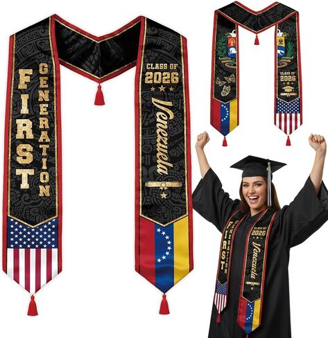 First Generation Reversible Graduation Stole Class of 2026, Flag Sash with Red Tassel 72" for School Graduates in Kuwait