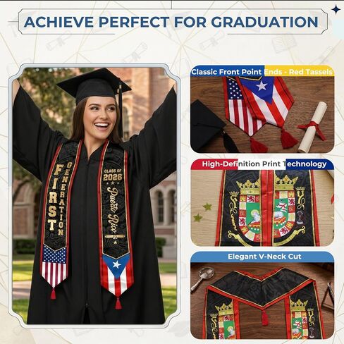First Generation Reversible Graduation Stole Class of 2026, Flag Sash with Red Tassel 72" for School Graduates in Kuwait