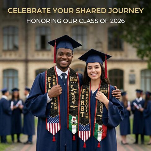First Generation Reversible Graduation Stole Class of 2026, Flag Sash with Red Tassel 72" for School Graduates in Kuwait
