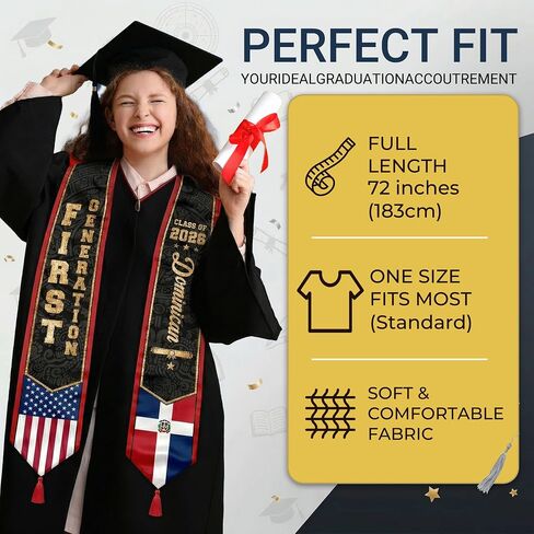 First Generation Reversible Graduation Stole Class of 2026, Flag Sash with Red Tassel 72" for School Graduates in Kuwait