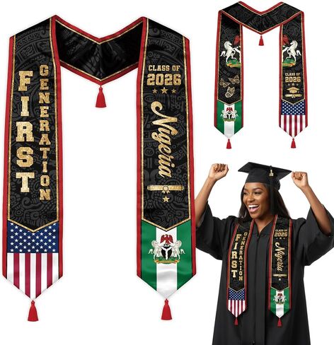 First Generation Reversible Graduation Stole Class of 2026, Flag Sash with Red Tassel 72" for School Graduates in Kuwait