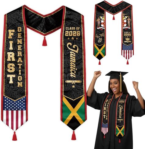 First Generation Reversible Graduation Stole Class of 2026, Flag Sash with Red Tassel 72" for School Graduates in Kuwait