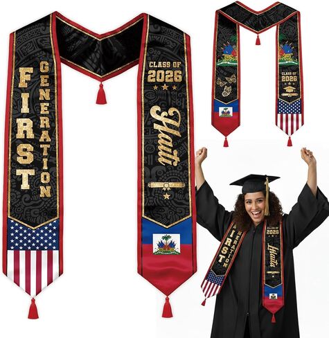 First Generation Reversible Graduation Stole Class of 2026, Flag Sash with Red Tassel 72" for School Graduates in Kuwait