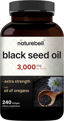 كبسولات هلامية من زيت الحبة السوداء من NatureBell، 3000 مجم لكل حصة، 240 قطعة - تركيبة 2 في 1 مع زيت الأوريجانو والكارفاكرول والثيموكينون - حبة البركة تنتج زيت بذور الكمون الأسود - غير معدل وراثيًا in Kuwait