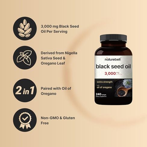 كبسولات هلامية من زيت الحبة السوداء من NatureBell، 3000 مجم لكل حصة، 240 قطعة - تركيبة 2 في 1 مع زيت الأوريجانو والكارفاكرول والثيموكينون - حبة البركة تنتج زيت بذور الكمون الأسود - غير معدل وراثيًا in Kuwait