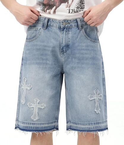 Baggy Jean Shorts Men, Y2k Wide Leg Jeans, Mens Denim Shorts Cross Patch Comfy Casual Streetwear in Saudi Arabia