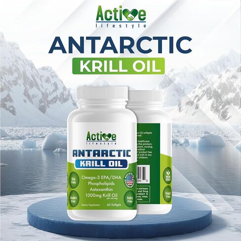 Antarctic Krill Oil 1000mg Supplement, Omega-3 EPA DHA with Astaxanthin & Phospholipids, High Absorption, No Fishy Aftertaste, Fish Oil Alternative, Non-GMO, Gluten, Soy & Dairy Free, 60 Softgels in Saudi Arabia