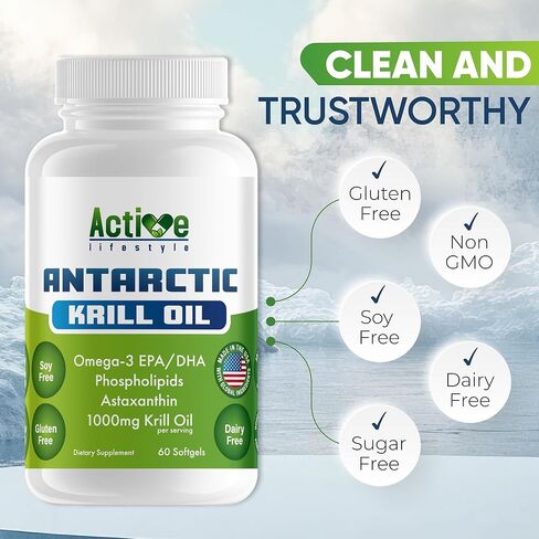 Antarctic Krill Oil 1000mg Supplement, Omega-3 EPA DHA with Astaxanthin & Phospholipids, High Absorption, No Fishy Aftertaste, Fish Oil Alternative, Non-GMO, Gluten, Soy & Dairy Free, 60 Softgels in Saudi Arabia