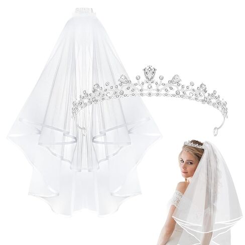 Ondder Wedding Tiara and Veil Set for Bride, Silver Bridal Crown with White Wedding Veil, Bridal Hair Accessories for Bachelorette Party Photography in Saudi Arabia