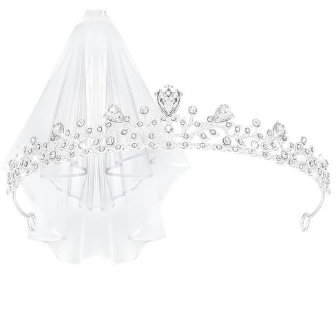 Ondder Wedding Tiara and Veil Set for Bride, Silver Bridal Crown with White Wedding Veil, Bridal Hair Accessories for Bachelorette Party Photography in Saudi Arabia