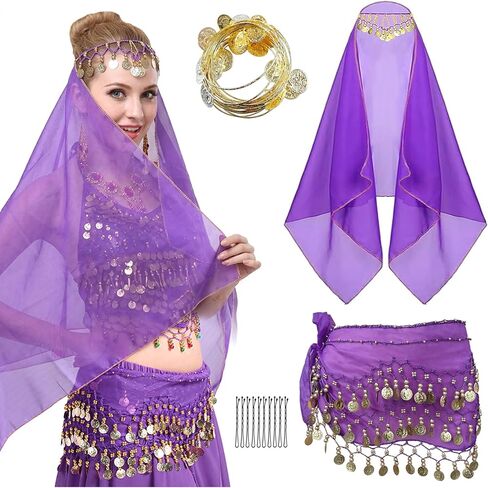 Wuchieal Set of 4 pcs Belly Dancer Outfit Sets, Chiffon Head Scarf,Belly Dance Hip Scarf, 10 Bobby Pins, 18 Metal Bracelets in Saudi Arabia