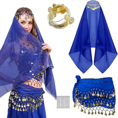 Wuchieal Set of 4 pcs Belly Dancer Outfit Sets, Chiffon Head Scarf,Belly Dance Hip Scarf, 10 Bobby Pins, 18 Metal Bracelets in Saudi Arabia