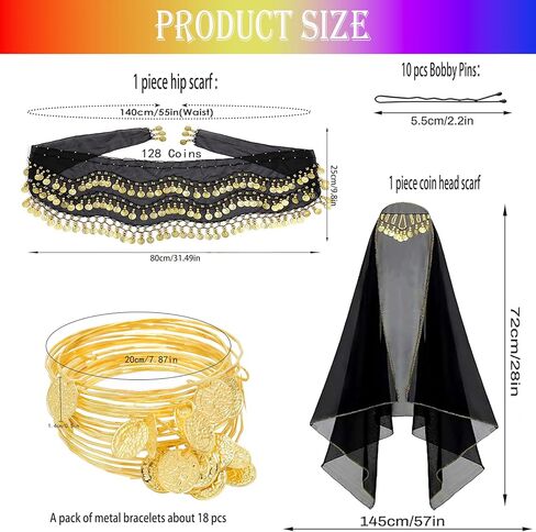 Wuchieal Set of 4 pcs Belly Dancer Outfit Sets, Chiffon Head Scarf,Belly Dance Hip Scarf, 10 Bobby Pins, 18 Metal Bracelets in Saudi Arabia