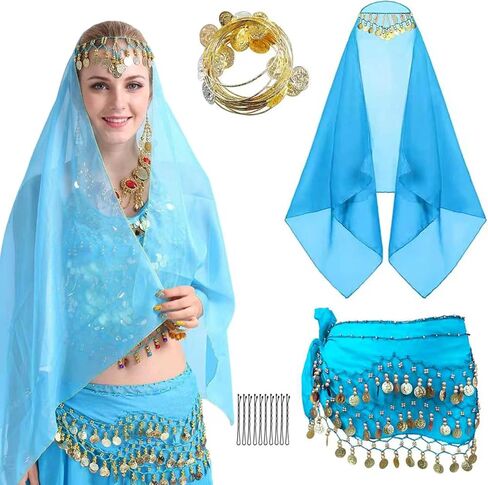 Wuchieal Set of 4 pcs Belly Dancer Outfit Sets, Chiffon Head Scarf,Belly Dance Hip Scarf, 10 Bobby Pins, 18 Metal Bracelets in Saudi Arabia