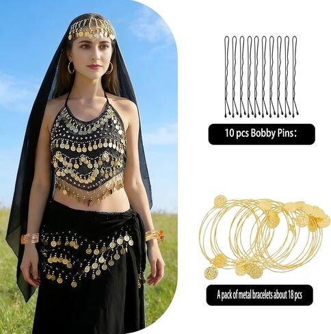 Wuchieal Set of 4 pcs Belly Dancer Outfit Sets, Chiffon Head Scarf,Belly Dance Hip Scarf, 10 Bobby Pins, 18 Metal Bracelets in Saudi Arabia