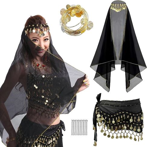 Wuchieal Set of 4 pcs Belly Dancer Outfit Sets, Chiffon Head Scarf,Belly Dance Hip Scarf, 10 Bobby Pins, 18 Metal Bracelets in Saudi Arabia