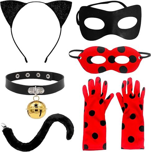 Ladybug Accessories and Black Cat Costume Set Spotted Mask Gloves Ear Headband Tail Bell Collar Outfit for Halloween Theme Party Festival Dress Up in Saudi Arabia