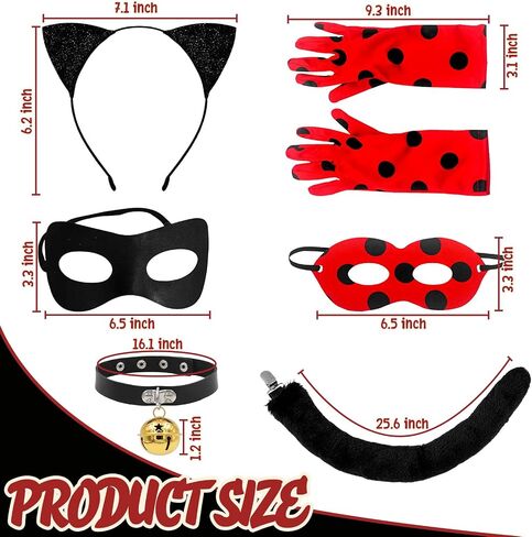 Ladybug Accessories and Black Cat Costume Set Spotted Mask Gloves Ear Headband Tail Bell Collar Outfit for Halloween Theme Party Festival Dress Up in Saudi Arabia