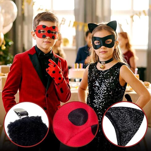 Ladybug Accessories and Black Cat Costume Set Spotted Mask Gloves Ear Headband Tail Bell Collar Outfit for Halloween Theme Party Festival Dress Up in Saudi Arabia