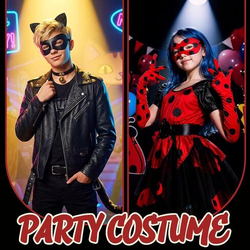 Ladybug Accessories and Black Cat Costume Set Spotted Mask Gloves Ear Headband Tail Bell Collar Outfit for Halloween Theme Party Festival Dress Up in Saudi Arabia
