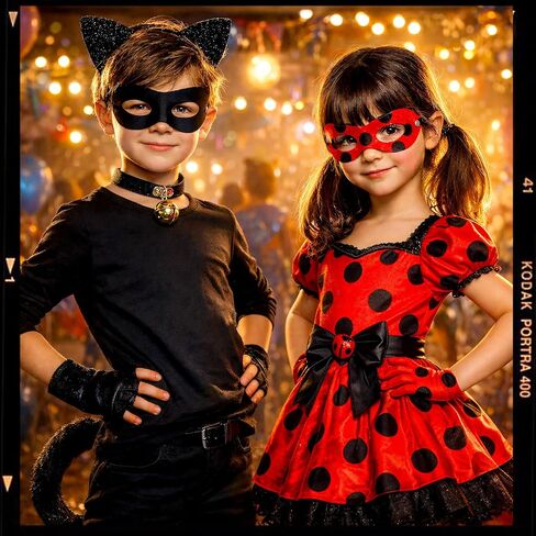 Ladybug Accessories and Black Cat Costume Set Spotted Mask Gloves Ear Headband Tail Bell Collar Outfit for Halloween Theme Party Festival Dress Up in Saudi Arabia