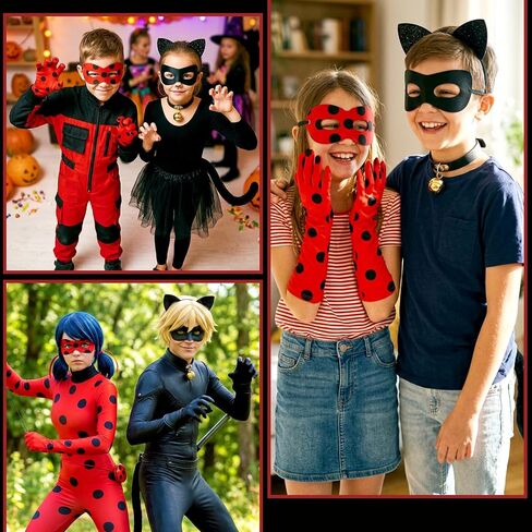 Ladybug Accessories and Black Cat Costume Set Spotted Mask Gloves Ear Headband Tail Bell Collar Outfit for Halloween Theme Party Festival Dress Up in Saudi Arabia
