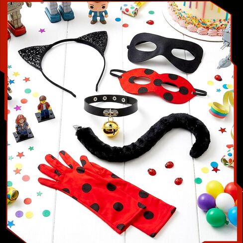 Ladybug Accessories and Black Cat Costume Set Spotted Mask Gloves Ear Headband Tail Bell Collar Outfit for Halloween Theme Party Festival Dress Up in Saudi Arabia