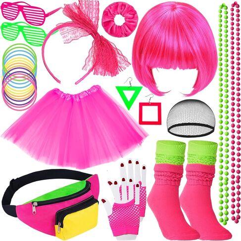 YAROMO 28Pcs 80s Costume Accessories for Women Include Wig Tutu Skirt Neon Shorts Slouch Socks Headband Necklace Bracelets Earrings Fanny Pack in Kuwait