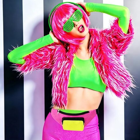 YAROMO 28Pcs 80s Costume Accessories for Women Include Wig Tutu Skirt Neon Shorts Slouch Socks Headband Necklace Bracelets Earrings Fanny Pack in Kuwait