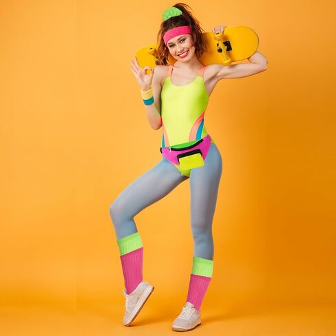 YAROMO 28Pcs 80s Costume Accessories for Women Include Wig Tutu Skirt Neon Shorts Slouch Socks Headband Necklace Bracelets Earrings Fanny Pack in Kuwait