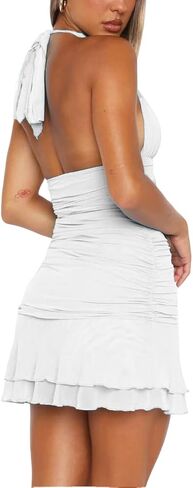 Womens Sexy Halter Deep V Neck Ruched Bodycon Mini Dress Summer Side Slit Mesh Hem Cocktail Club Party Dresses in Saudi Arabia