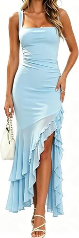 Square Neck Bodycon Maxi Dress - Ruffled High Split Sleeveless Party Dress for Club & Night Out in Saudi Arabia