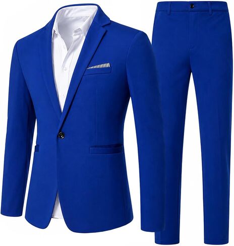 Men's Royal Blue 2-Piece Suit Set, Slim Fit One-Button Blazer & Flat-Front Pants for Wedding, Prom, Groomsmen, Cocktail Party in Saudi Arabia