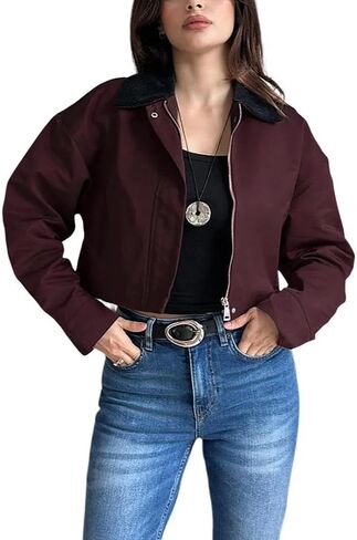 YouSexy Women's Cropped Bomber Jackets Long Sleeve Casual Zipper Up Coat Outerwear in Saudi Arabia