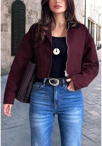 YouSexy Women's Cropped Bomber Jackets Long Sleeve Casual Zipper Up Coat Outerwear in Saudi Arabia